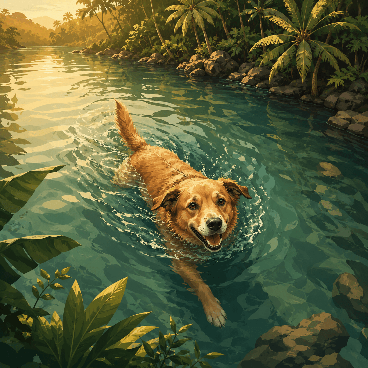 Dog splashing in the swimming area at Neolokam
